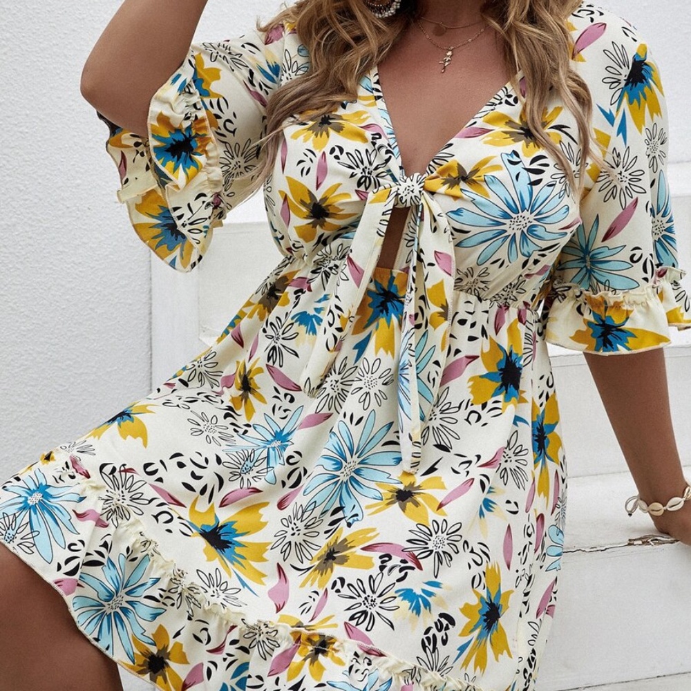 PLUS SIZE Floral Print Front Tie Ruffle Mini Dress - Picture 2 of 5